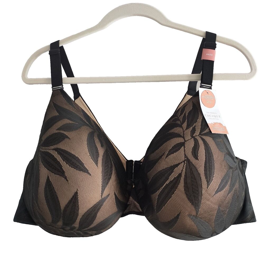 Cacique Back Smoother Balconette Bra Womens Size 46DD Black Underwire Stretch